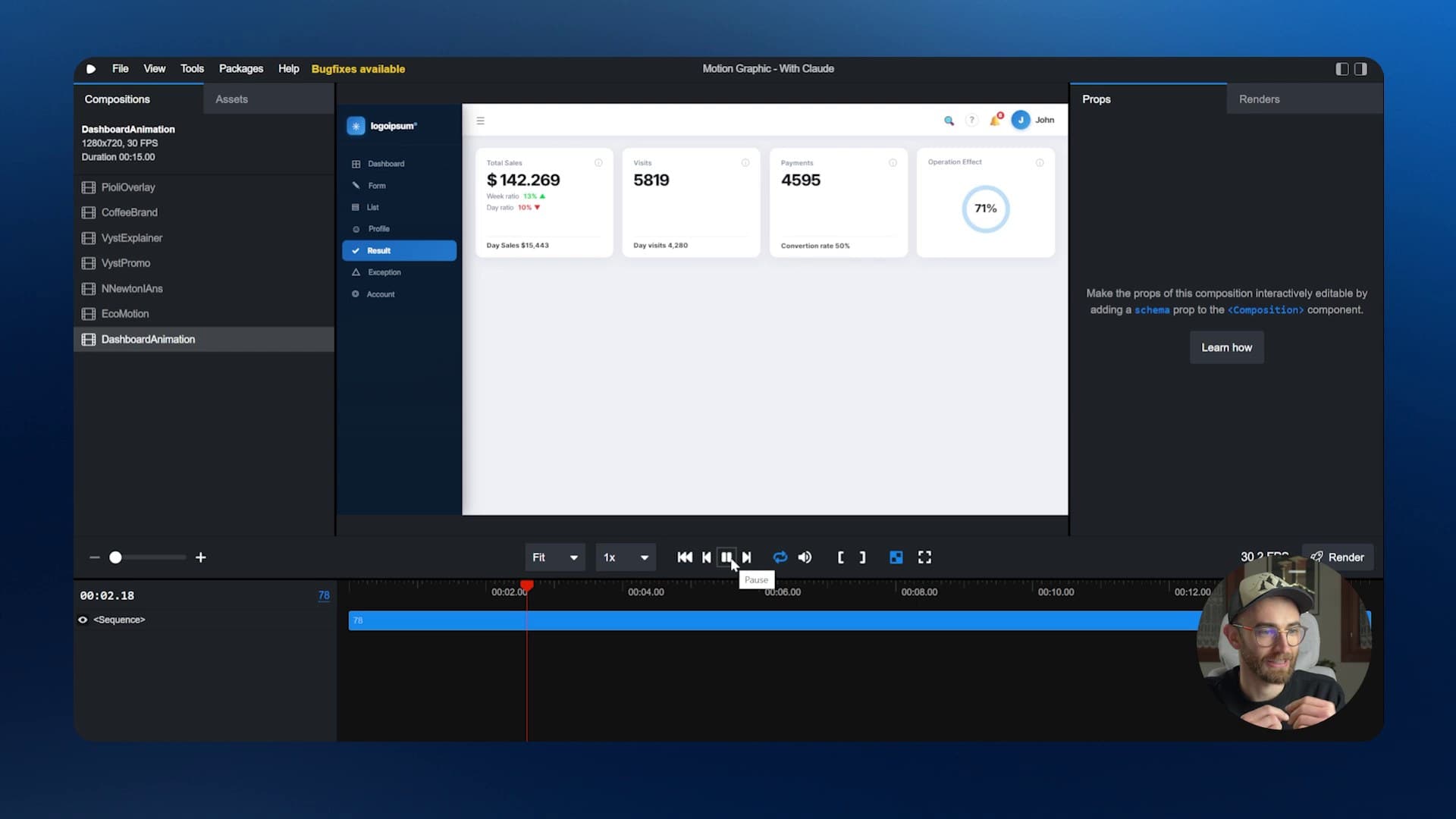 Dashboard animata in Remotion Studio