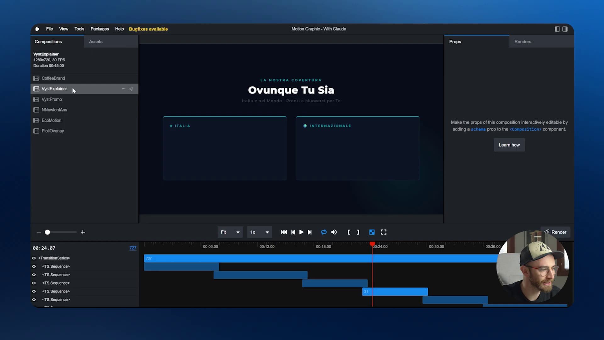 Remotion Studio con il video Vyst in anteprima